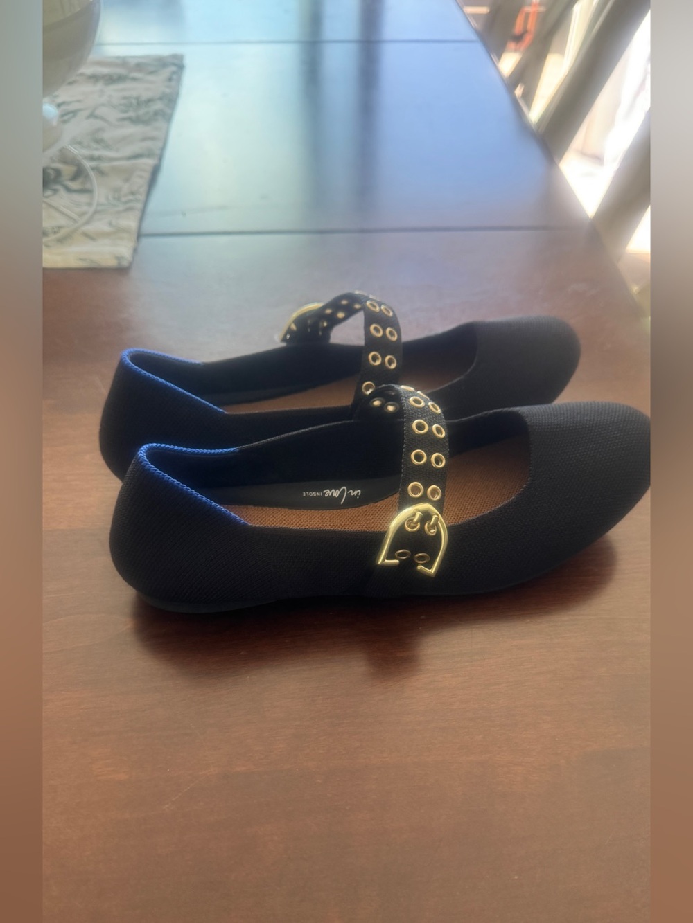 Rothy's Black Mary Jane Flats with Gold Buckle Eyelet Strap Sz 9